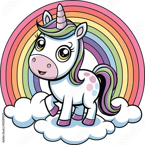 A happy and cute cartoon unicorn with vibrant pink mane and tail, standing playfully on fluffy white clouds in front of a colorful rainbow.