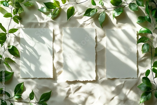 Blank torn-edge paper mockup with green leaves and soft shadows

 photo