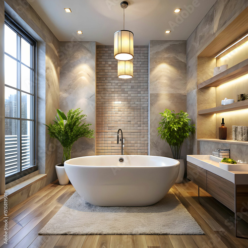 Modern luxurious bathroom with freestanding bathtub and marble walls