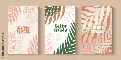 Abstract summer or spring poster or card set in art style with trees leaves  flowers on the palms, surfboard, sea, seashells on pastel colour and blue. Trendy summer design for branding, ads, print.