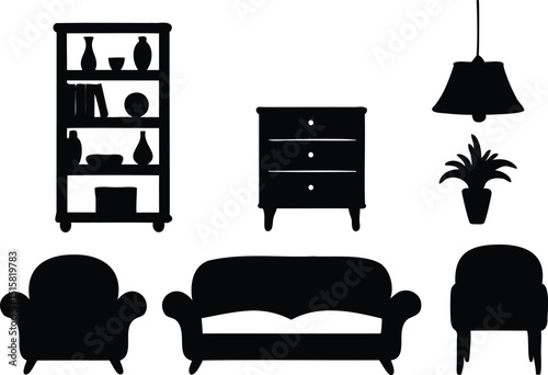 Vector silhouette set of home furniture including chairs, sofa, bookshelf, chest of drawers, hanging lamp, and potted plant – perfect for interior layouts, furniture catalogs, and decor projects

