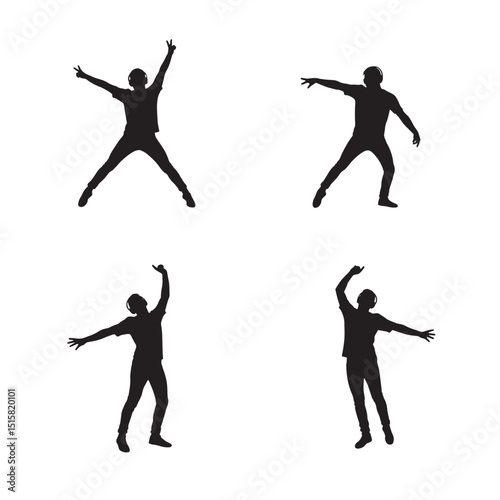 Black silhouette collection of persons listening to music and enjoying themselves on white background