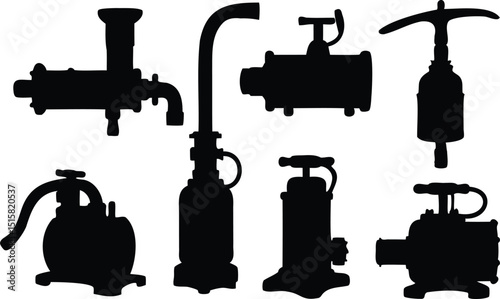 Vector silhouette of engineering equipment including pumps, valves, and utility hardware – great for industrial schematics, plumbing systems, waterworks, or technical infographics


