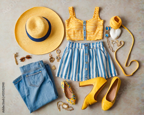 Summer fashion outfit yellow blue striped skirt jeans