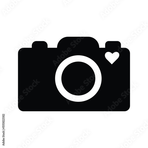 Black Camera Icon with Heart Symbol. A minimal black camera icon featuring a centered lens and a heart symbol in the top right corner, representing photography, love, and cherished moments.
