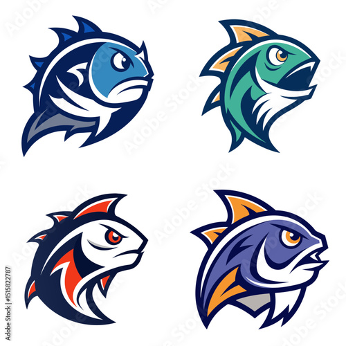 Four stylized fish heads with angry expressions in varying color schemes and sharp fin designs shown
