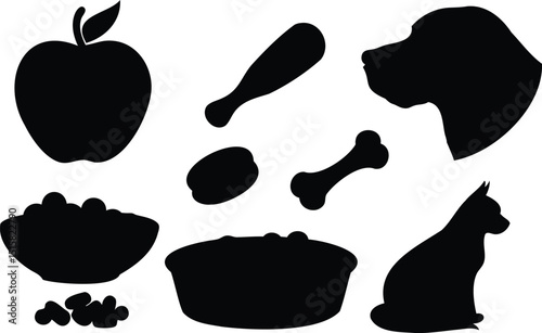Vector silhouette set with pet food elements including dog, cat, bones, food bowls, apple, and treats – ideal for veterinary graphics, pet care branding, or food product packaging

