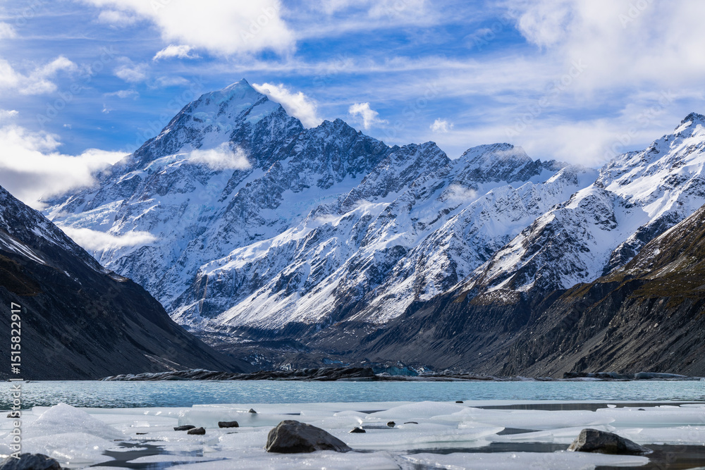 Φωτογραφία Snow-Capped Mount Cook Viewed From Hooker Valley With Glacial Lake in New Zealan