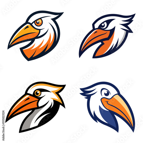 Four cartoon bird heads with orange beaks and white feathers in different styles and orientations