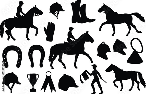 Vector silhouette set featuring horses, riders, boots, saddles, helmets, horseshoes, gloves, and trophies – perfect for equestrian sports designs, horse competitions, or riding school graphics
