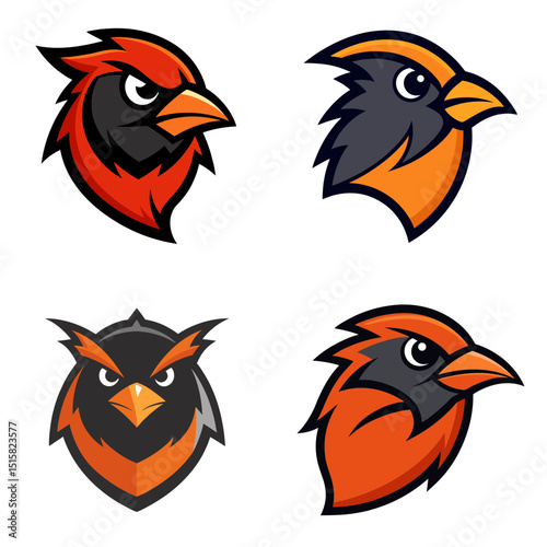 Illustration of four bird head logos featuring a cardinal, oriole, and an owl design set on white