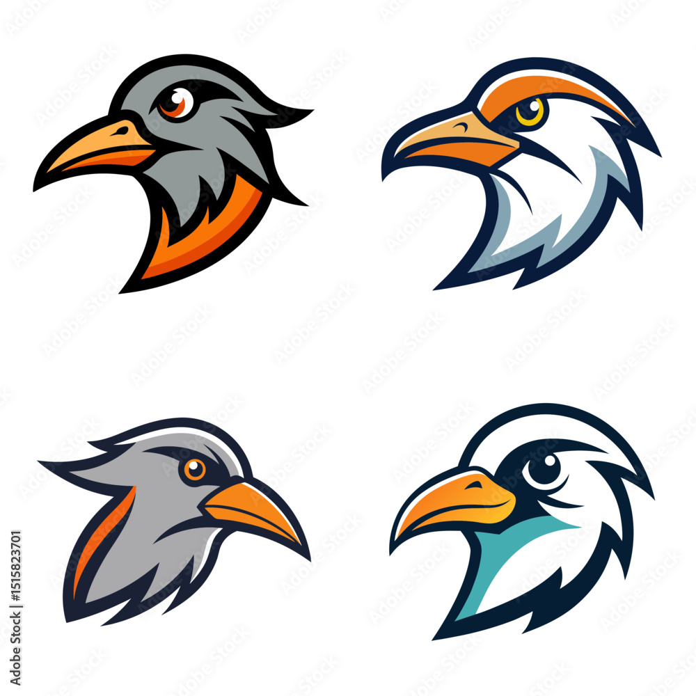 Fototapeta premium Four bird head logos with different color schemes and designs in a square arrangement on white