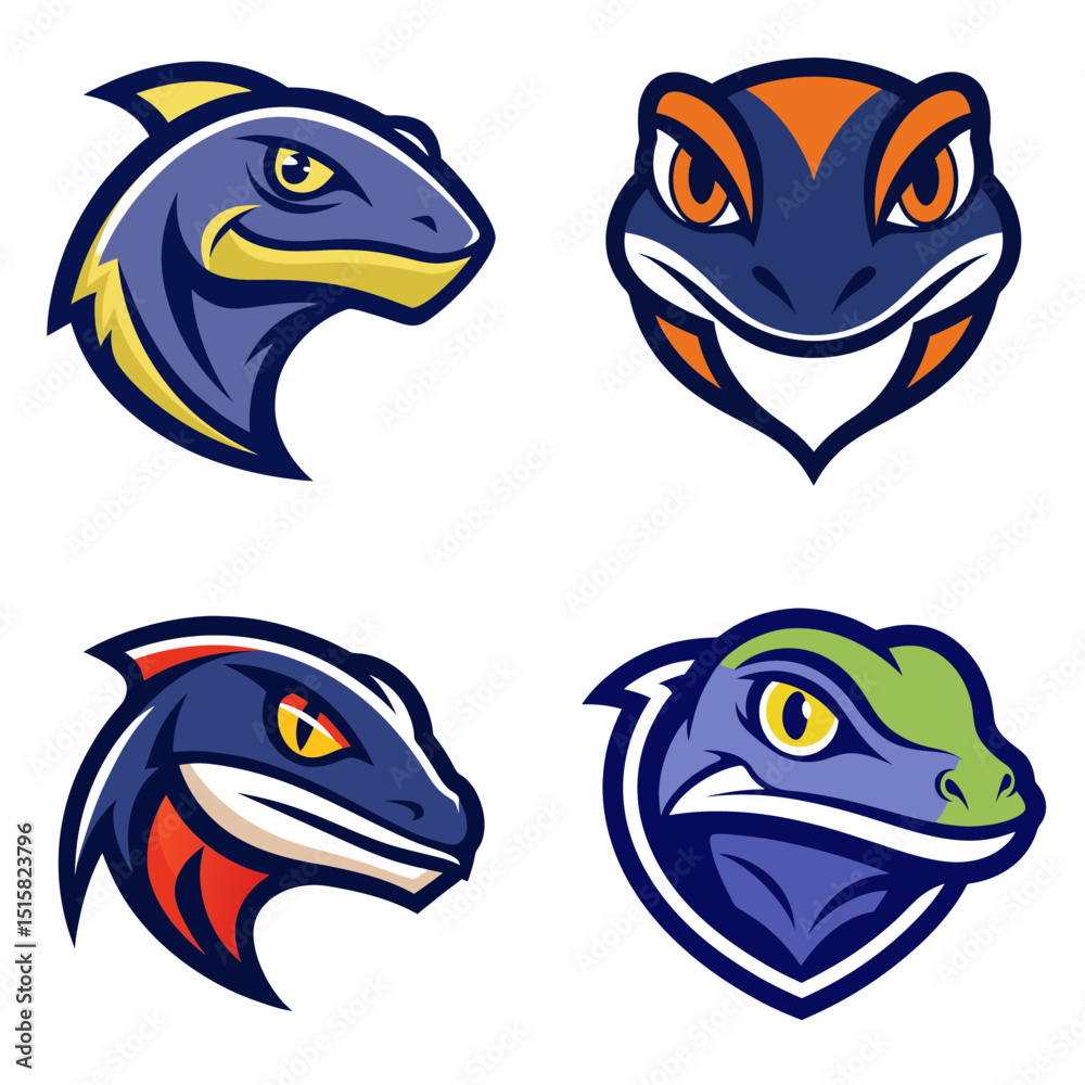 Collection of four stylized lizard head illustrations in vibrant colors and dynamic poses design art Collection of four stylized lizard head illustrations in vibrant colors and dynamic poses design art