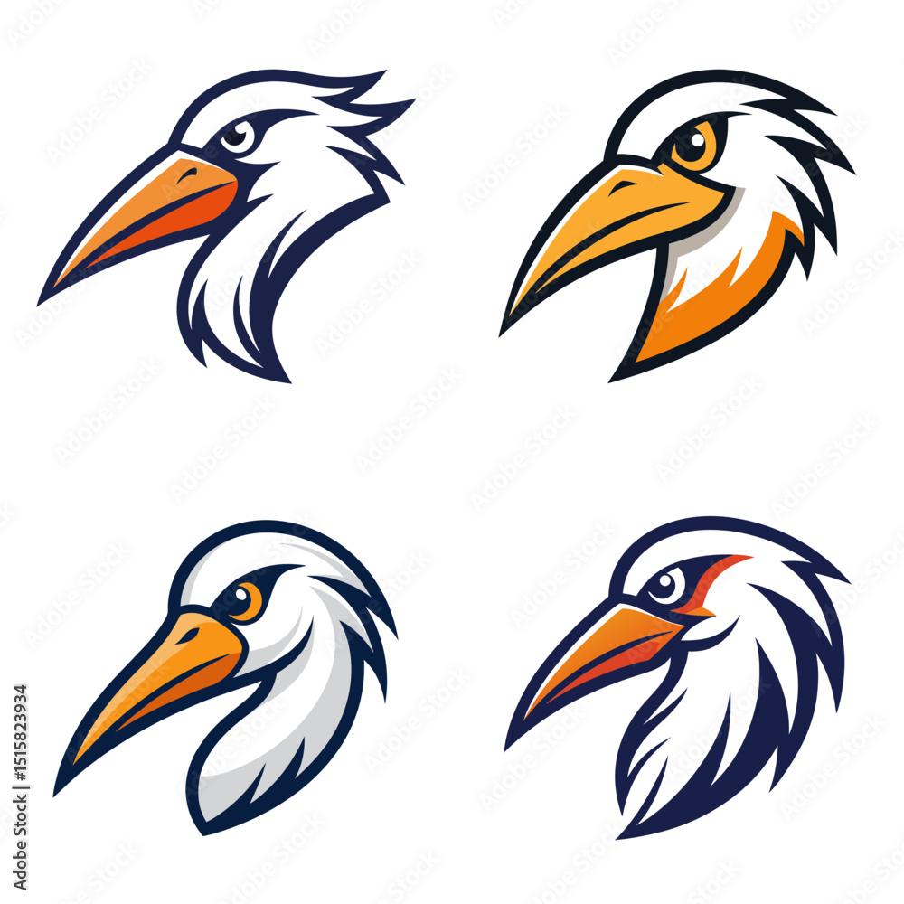 Obraz premium Collection of four stylized bird head illustrations with orange beaks and white and blue feathers