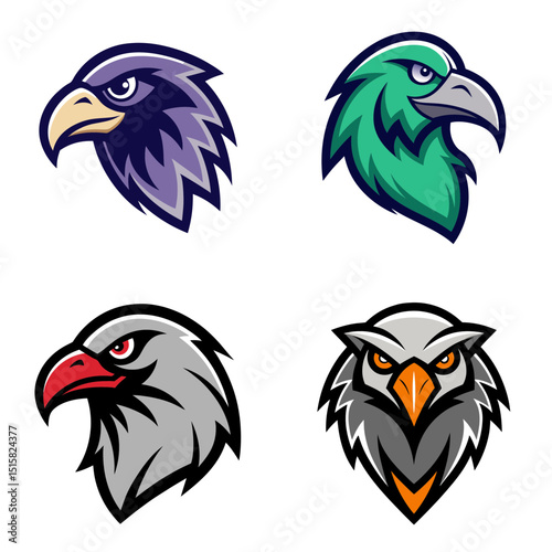 Collection of four stylized bird head logos featuring eagles and an owl in various color schemes