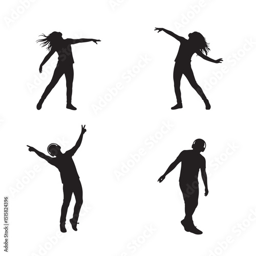 Silhouetted figures dancing and listening to music against a clean white background