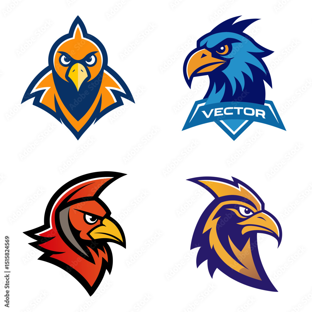 Fototapeta premium Collection of four stylized bird head logos in various colors and design elements on a white backdrop