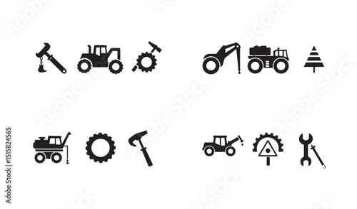 Simple silhouette icons depicting construction and industrial equipment and machinery