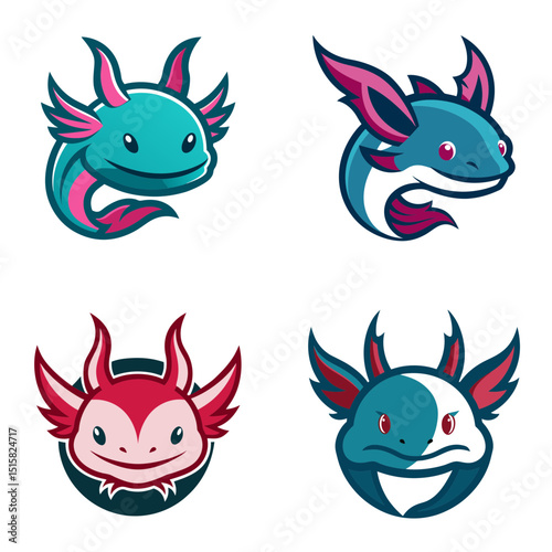 Collection of four stylized axolotl heads in various colors and poses on a white background design