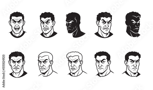 Ten angry faces in different styles showing powerful expressions of disgust and fury