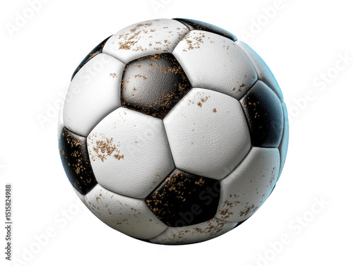 Worn Soccer Ball: An isolated, close-up shot of a well-worn soccer ball, showing its classic black and white panels and signs of use, a symbol of the beautiful game.