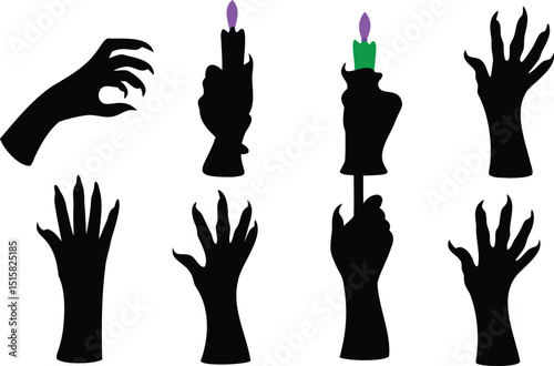 Vector silhouette of Halloween candle holders and pumpkins with creepy faces – spooky lighting-themed illustrations for haunted house designs, party invites, or horror decor

