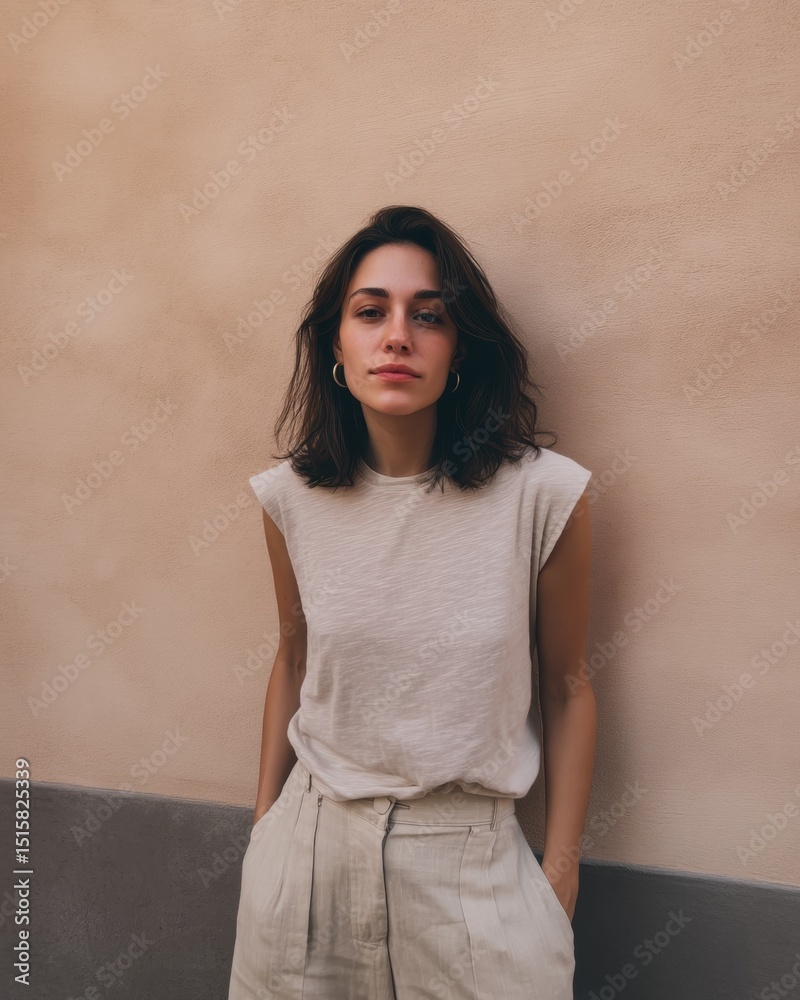 Obraz premium Woman standing by wall in neutral outfit 