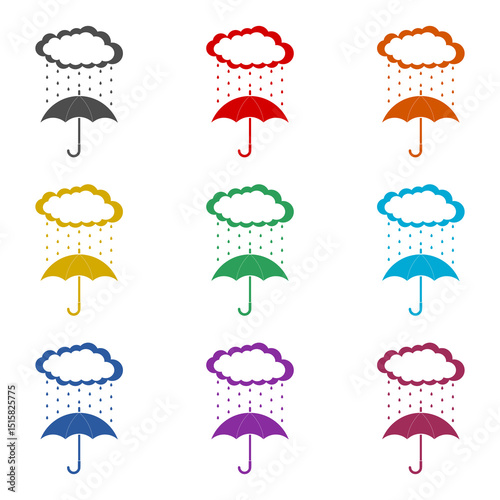 Cloud with rain drop on umbrella icon isolated on white background. Set icons colorful