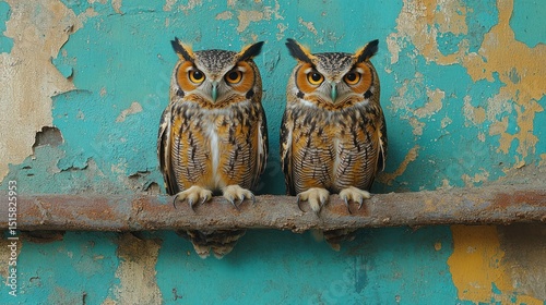 Two owls perched side-by-side on a rusty pipe against a teal-and-gold wall photo