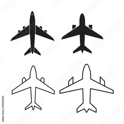 Airplane Icons Top View, Black and Outline Styles for Travel Design