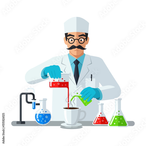 Scientist Pouring Colorful Liquids Into Steaming Mug with Science Beakers