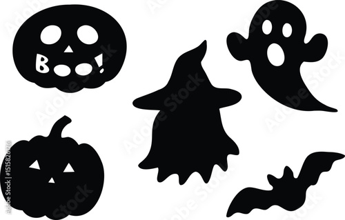 Vector silhouette of ghost, witch, pumpkin, bat, and “Boo!” jack-o’-lantern face – fun Halloween icon set perfect for spooky party invites, kids’ decor, or seasonal crafts

