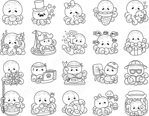 Outline of Cute Kawaii Happy Octopus Vector Icon set.