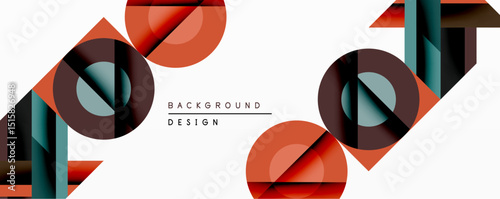 Abstract geometric composition. Overlapping circles, rectangles create dynamic visual effect. Warm, cool tones contrast against white backdrop. Modern design element.