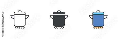 Cooking pot on gas stove different style icon set