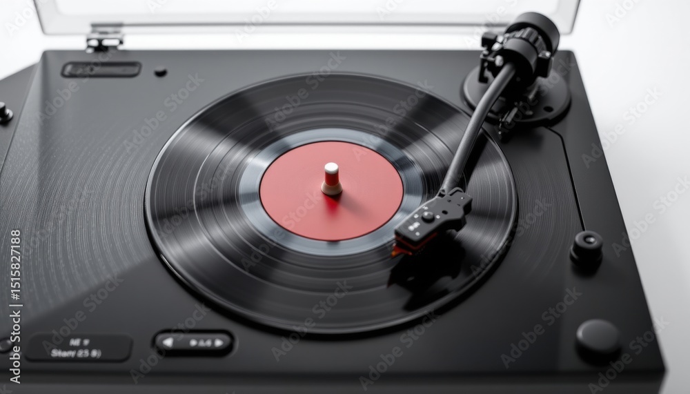 Fototapeta premium Close-up of a black turntable playing a vinyl record. The turntable is sleek and modern