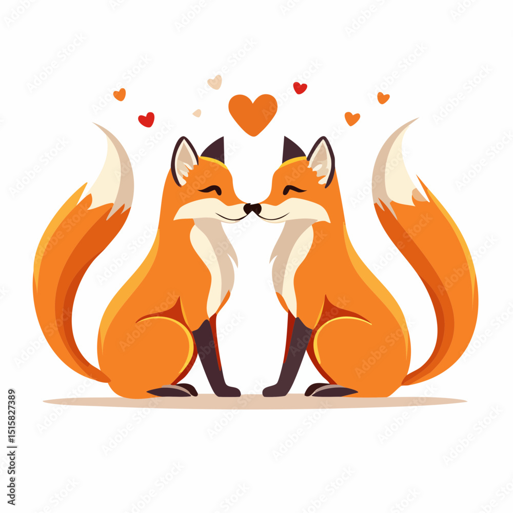 Fototapeta premium Foxes in Love: A charming scene of two foxes nuzzling noses beneath floating hearts, symbolizing love and affection in a whimsical, illustrative style.