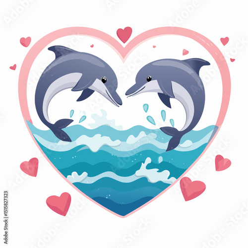 Love in the Deep Blue: Two playful dolphins meet, framed by a heart, creating a serene emblem of love and companionship. The artwork, simple and eye-catching, symbolizes connection.