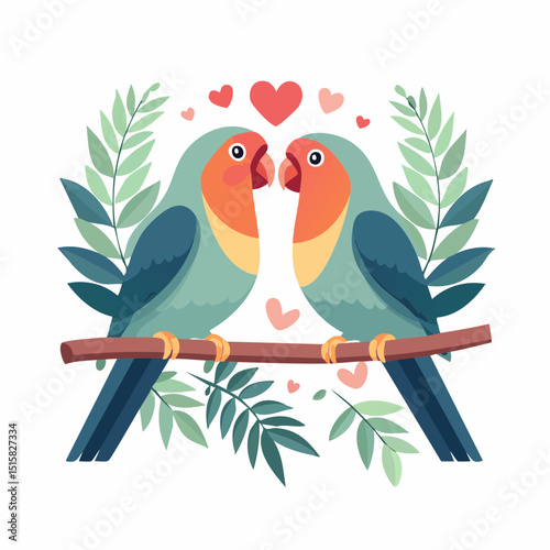 Lovebirds Embrace: Two vibrantly colored lovebirds perch together on a branch, surrounded by leafy green foliage and floating hearts, symbolizing love and companionship. 