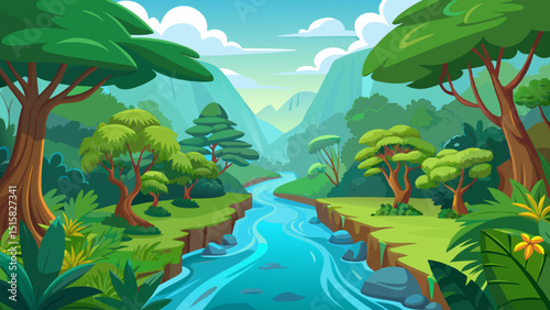 Serene River Landscape. Picturesque Mountain View and Lush Greenery