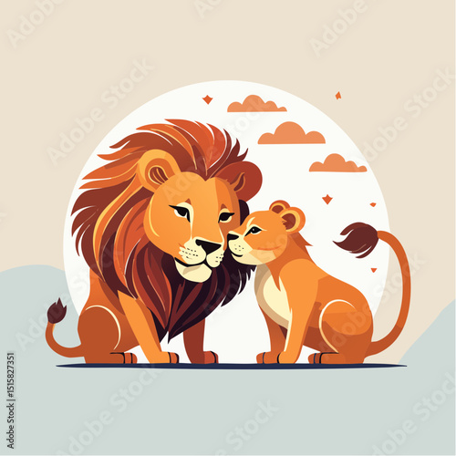 Lion's bond: A heartwarming illustration captures a serene moment of affection between a lion and lioness, embodying the tender embrace within the animal kingdom.
