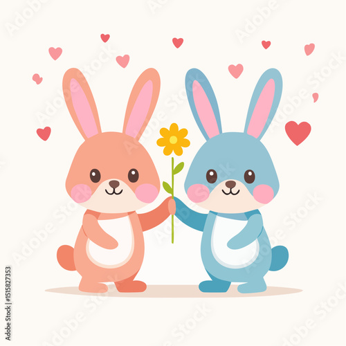 Bunny Love: A cute and charming image of two bunnies expressing their affection for each other, surrounded by hearts and a flower, exuding a feeling of love and happiness.