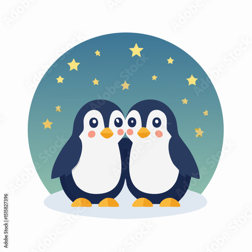 Eternal Embrace: A pair of penguins standing shoulder to shoulder, embraced in a tender moment, set against a backdrop of starry night.