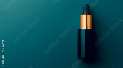 Dark teal background showcases a bottle of serum. photo