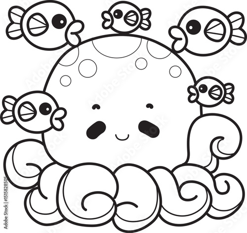 Outline of Cute Kawaii Happy Octopus Vector Icon set.