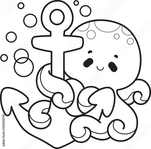 Outline of Cute Kawaii Happy Octopus Vector Icon set.