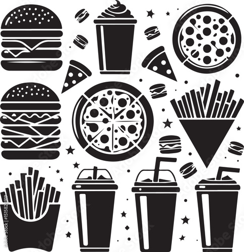 Fast Food and Junk Food Silhouettes Vector Icon Set