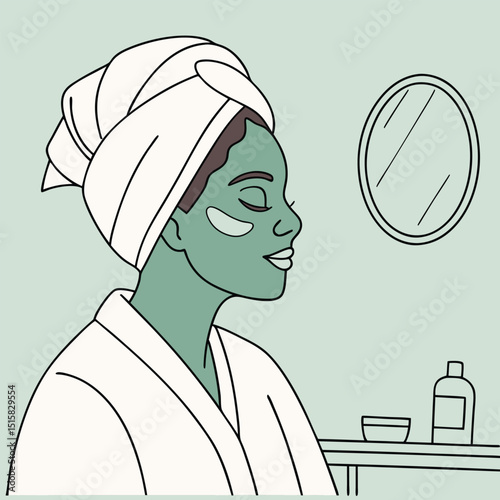 Calm woman with hair in a towel and face mask