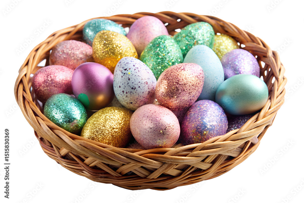 Wicker basket filled with decorative Easter eggs, isolated on transparent background Wicker basket filled with decorative Easter eggs, isolated on transparent background
