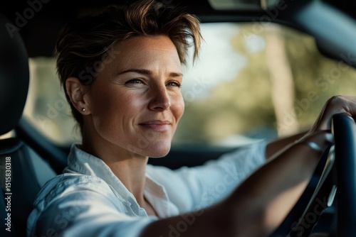 Beautiful happy European woman driving her car, holding steering wheel, looking through front window and smiling